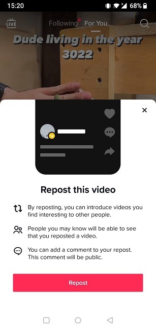 "Repost this video" pop-up. 
