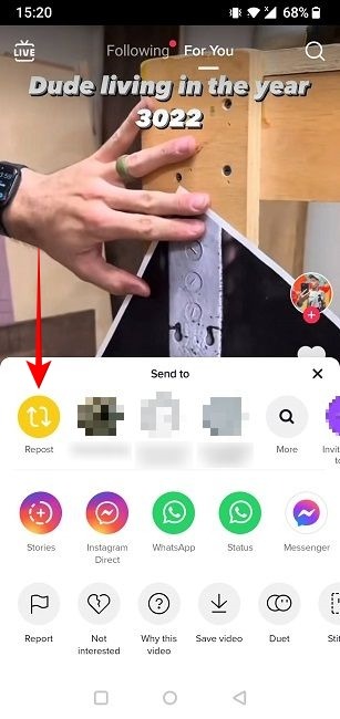 Repost button in menu of TikTok video.