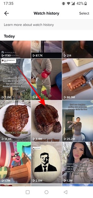 Browsing through Watch history on TikTok app. 