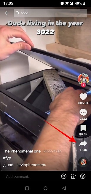 Share button on TikTok video.