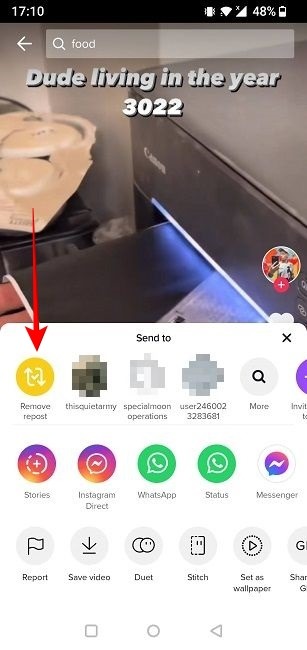"Remove repost" button on TikTok video.