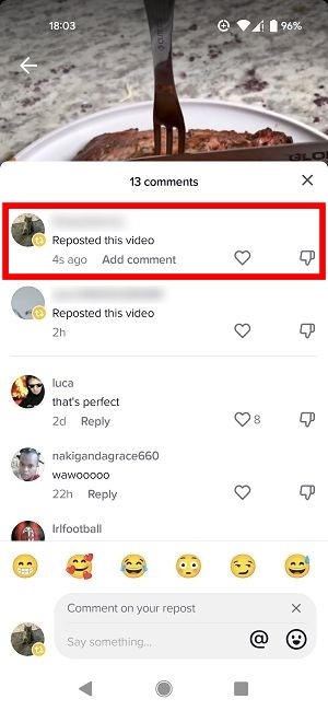 "Reposted this video" message in comments on TIkTok video. 