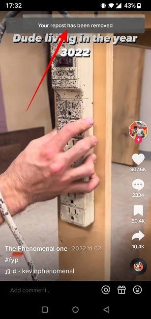 "Your repost was removed" message on TikTok video.