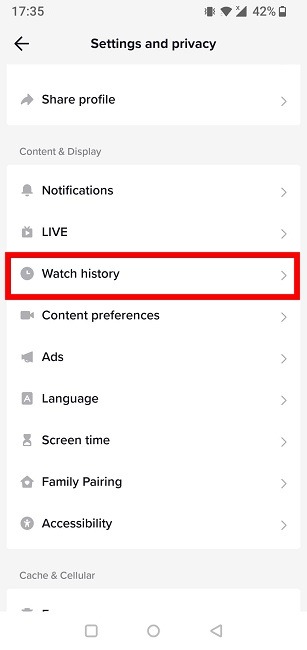 "Watch history" option in TikTok Settings.