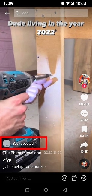 "You reposted" message on TikTok video. 