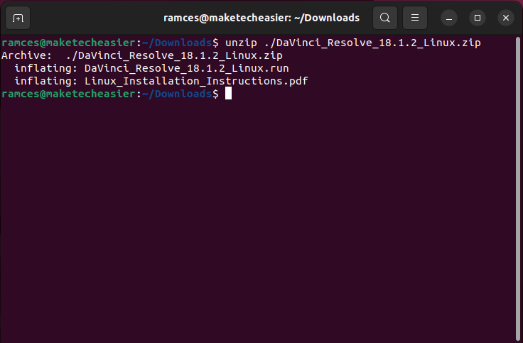 Unzipping the DaVinci Resolve's archive.