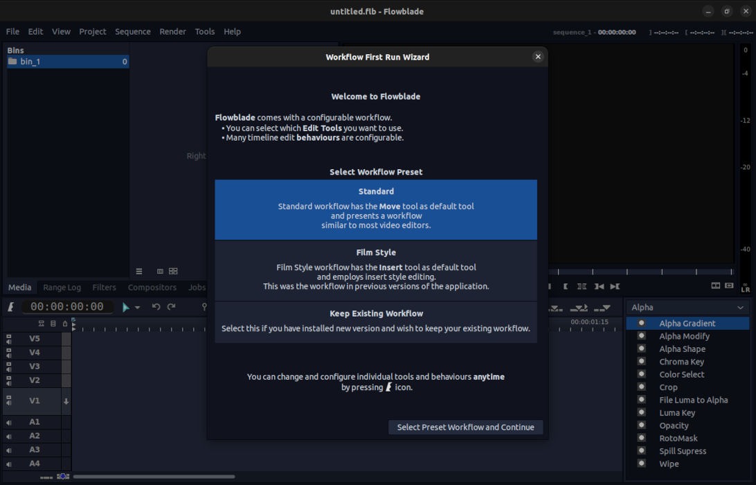 The Flowblade video editor's landing screen.