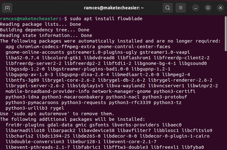 Installing the Flowblade editor using apt.