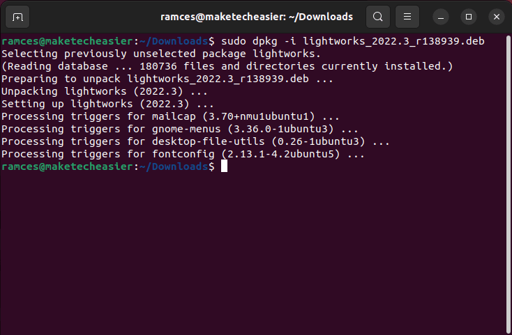 Installing the Lightworks program using dpkg.