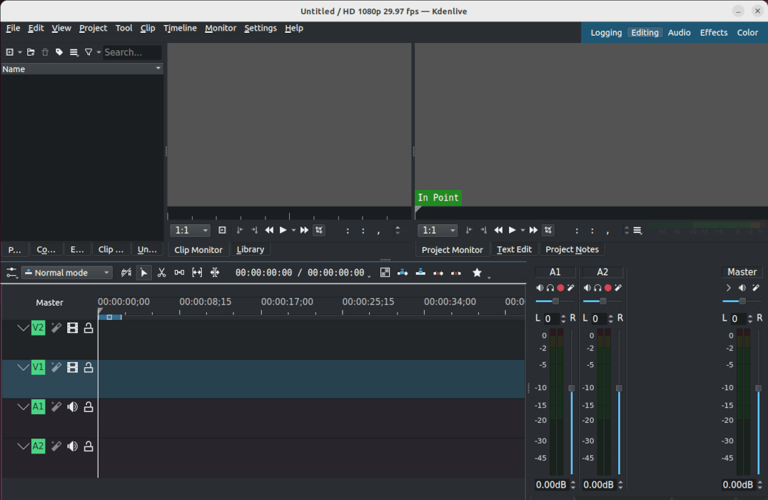 The Kdenlive video editor's landing screen.