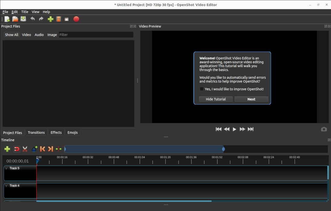 The OpenShot video editor's landing screen.