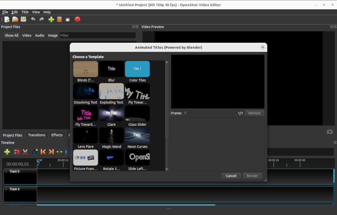 The OpenShot video editor's Blender 3D integration feature.