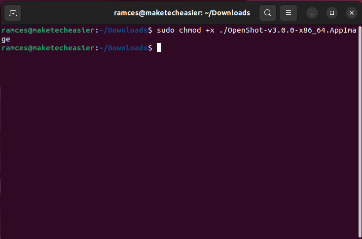 Updating the permission bits for the OpenShot AppImage file using chmod.