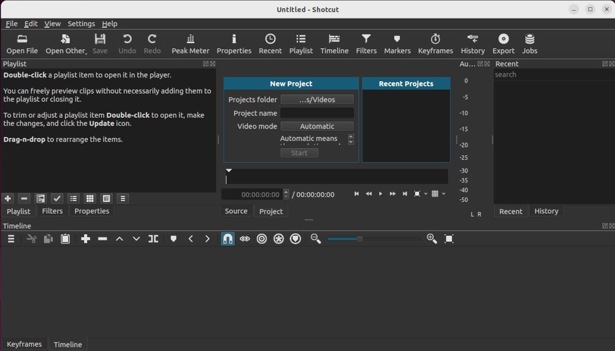 The Shotcut video editor's landing screen.