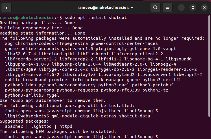 Installing the Shotcut video editor using apt.