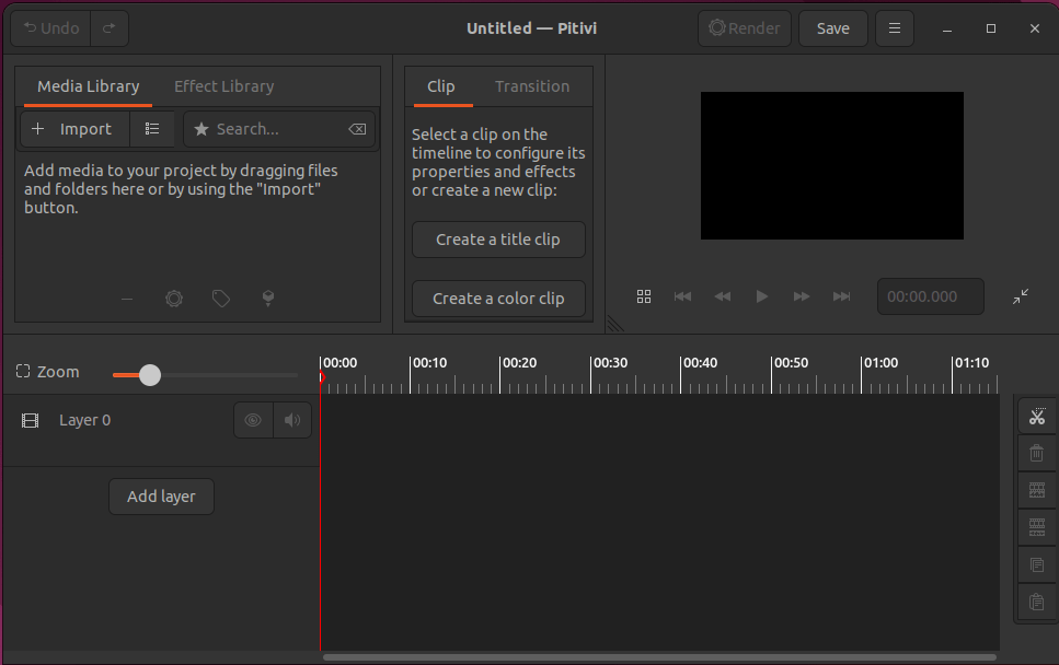 The Pitivi video editor's landing screen.