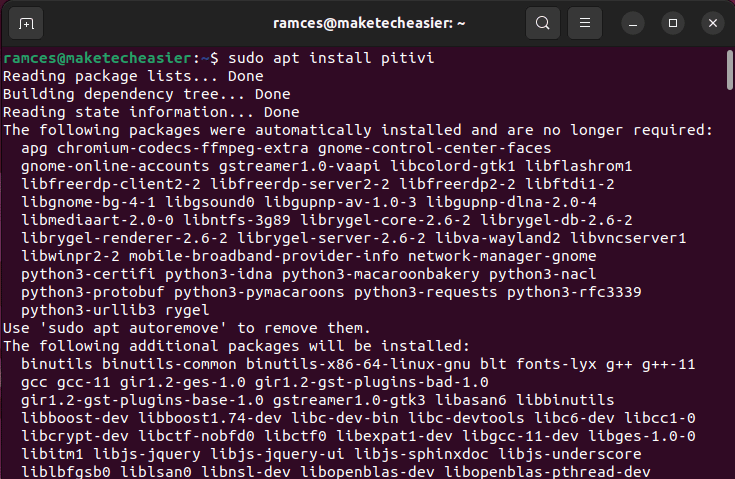 Installing the Pitivi video editor using apt.