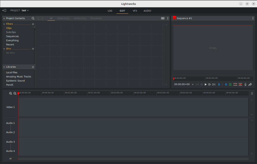 The Lightworks video editor landing screen.