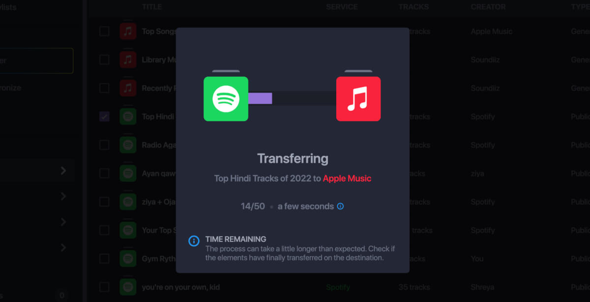 Transfer In Progress Transfer Spotify Playlist To Apple Music