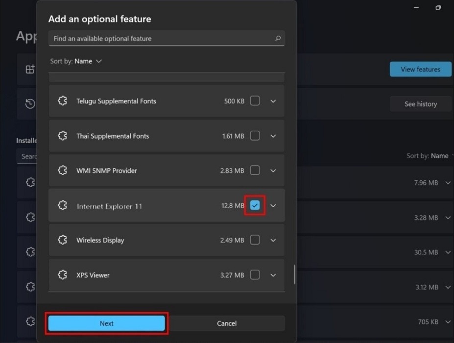 Enabling "Internet Explorer 11" in Windows 11.