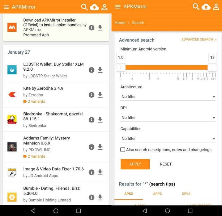 APK Mirror interface view on Android.