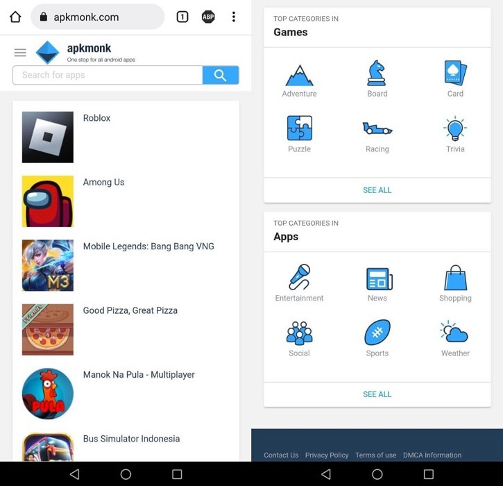 APKMonk interface overview on Android.