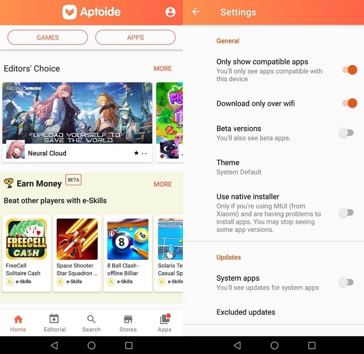 Aptoide interface overview on Android.