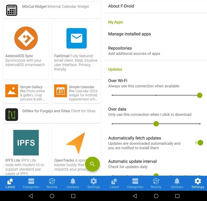 F-Droid interface overview on Android.