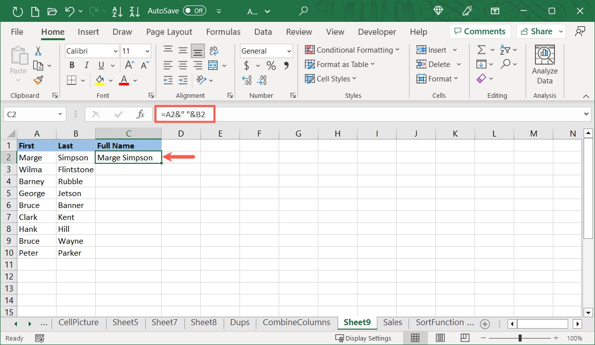 Ampersand formula with a space to combine text