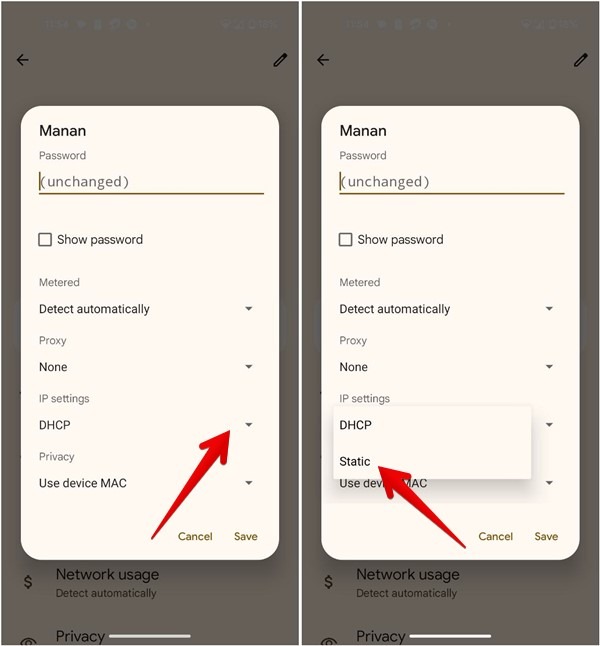 Changing "IP settings" status on Android.