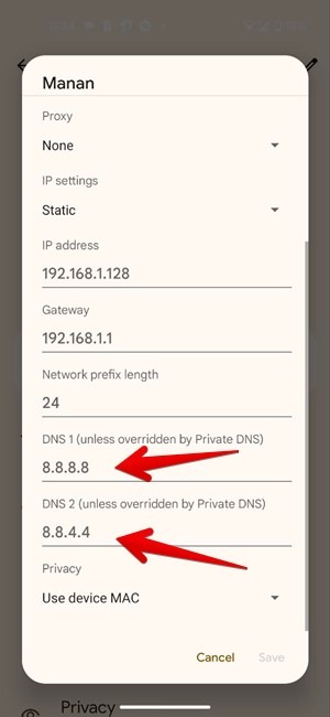 Adding new DNS addresses on Android.