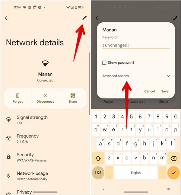 Editing network details on Android.