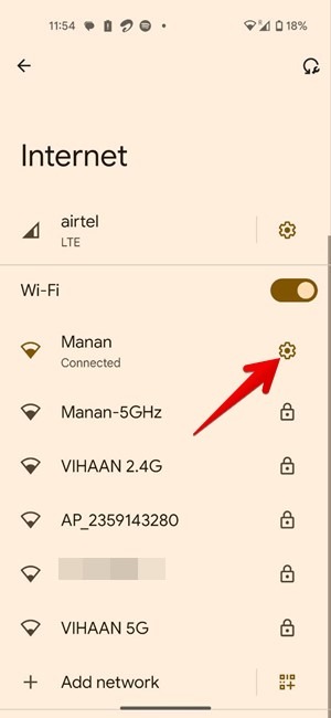 Settings icon next to Wi-Fi on Android.