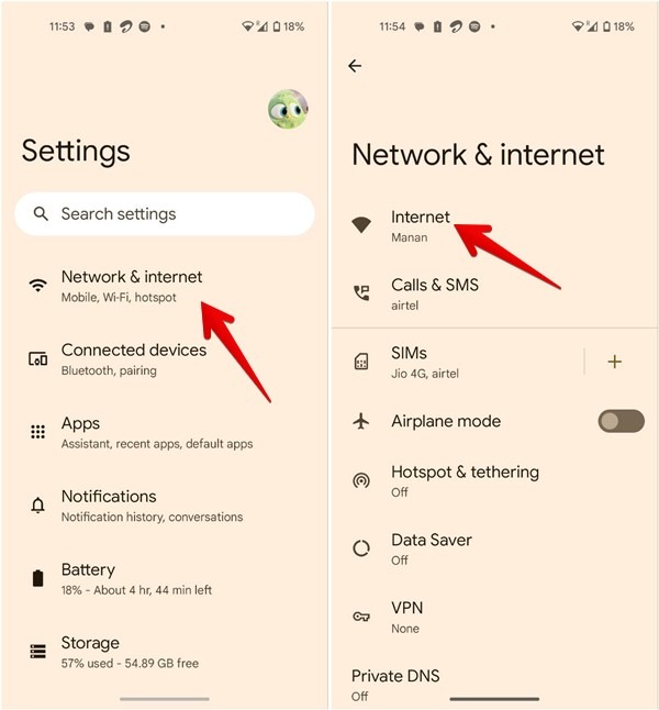 Accessing "Network & internet" options on Android.