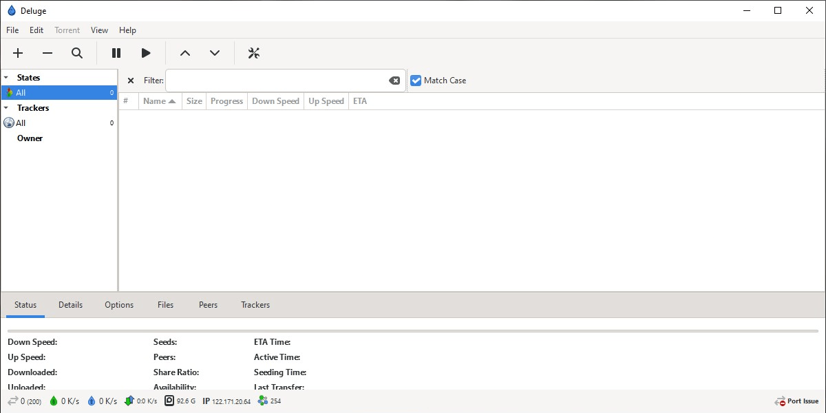 Deluge interface overview in Windows.