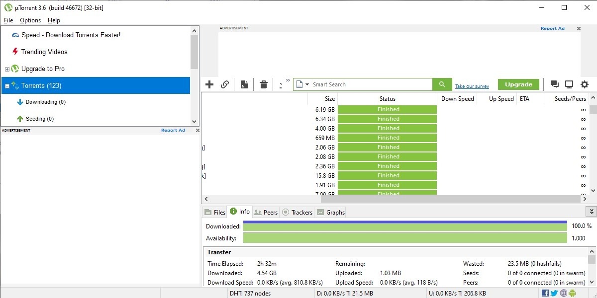 uTorrent interface overview in Windows.