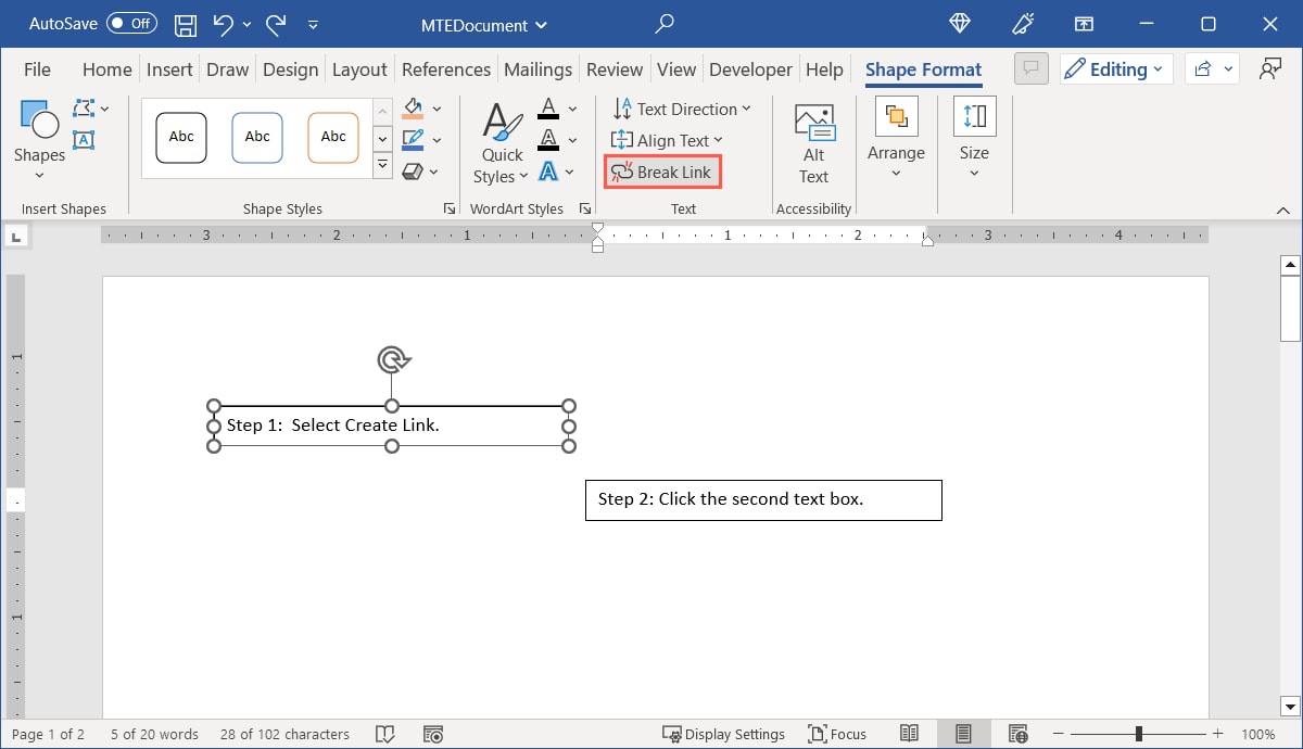 Break Link on the Shape Format tab