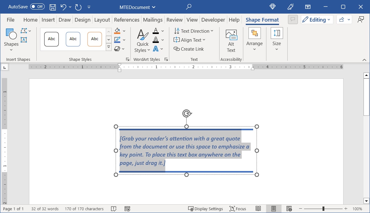 Built-in text box in Word