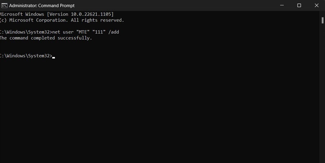 "Command created successfully" message in Command Prompt.