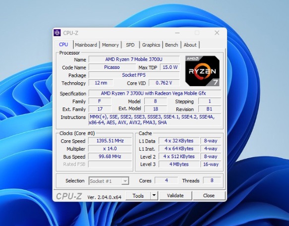CPU-Z program interface in Windows. 