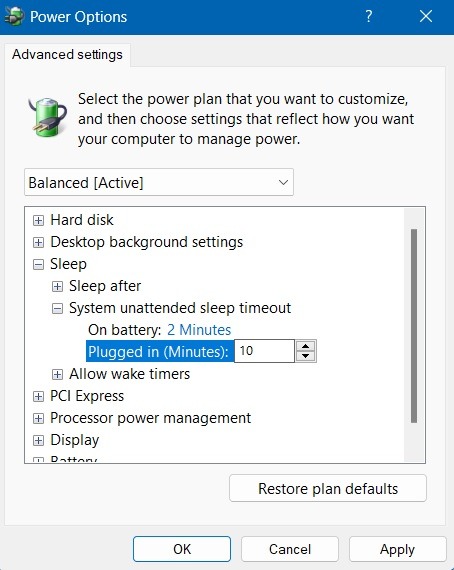 Change "System unattended sleep timeout" option.