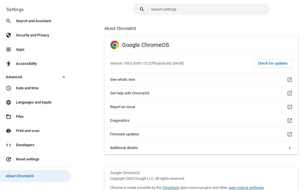 Chromebook "Check for updates" button. 