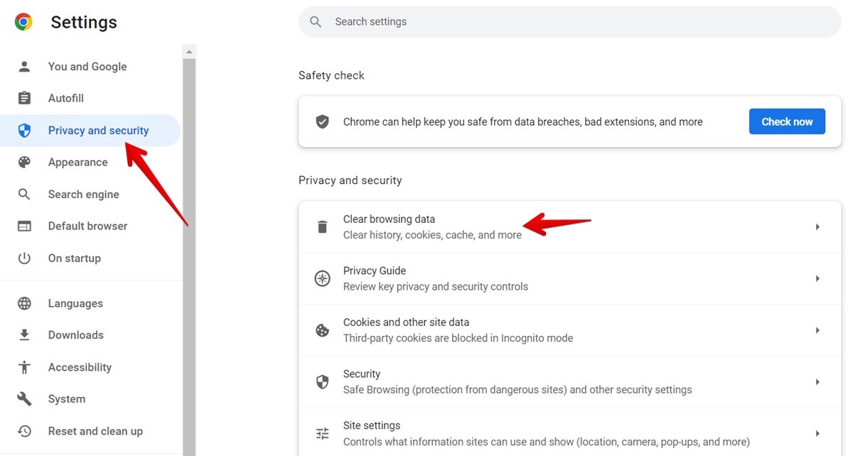 Accessing the "Privacy and security" menu in the Chrome browser.