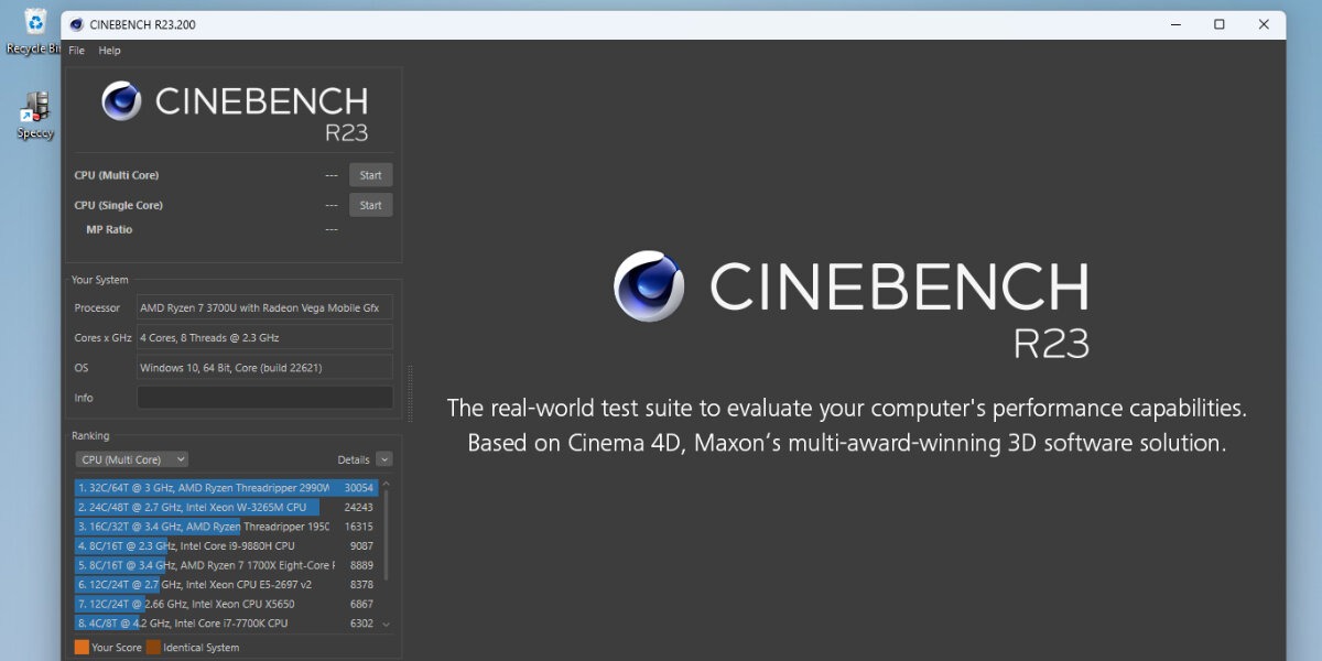 CineBench interface overview in Windows. 