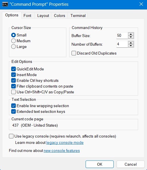 Legacy Console feature visible in Command Prompt's Properties. 