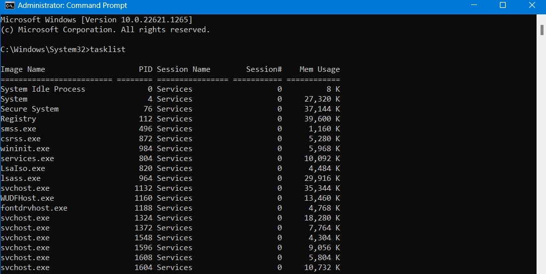 Simple Command Prompt Admin window with tasklist command displayed.