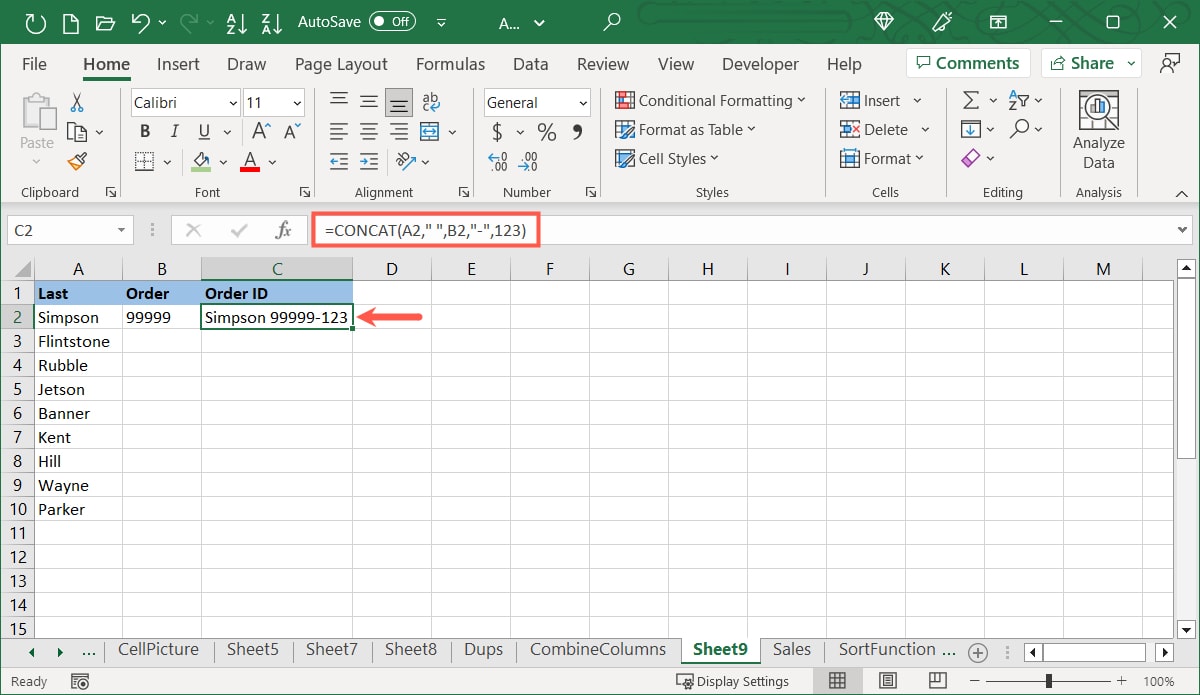 CONCAT with cell references, a space, hyphen, and number