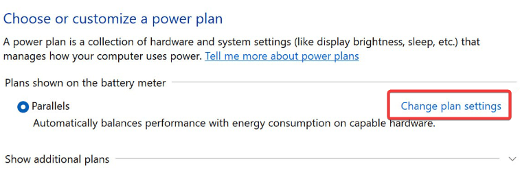 Clicking on the "Change plan settings" option in Control Panel. 