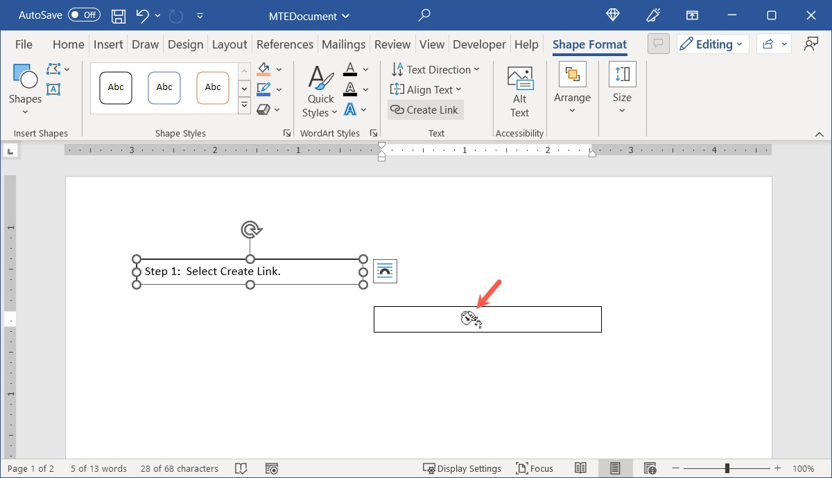 Paint Can icon to link text boxes in Word