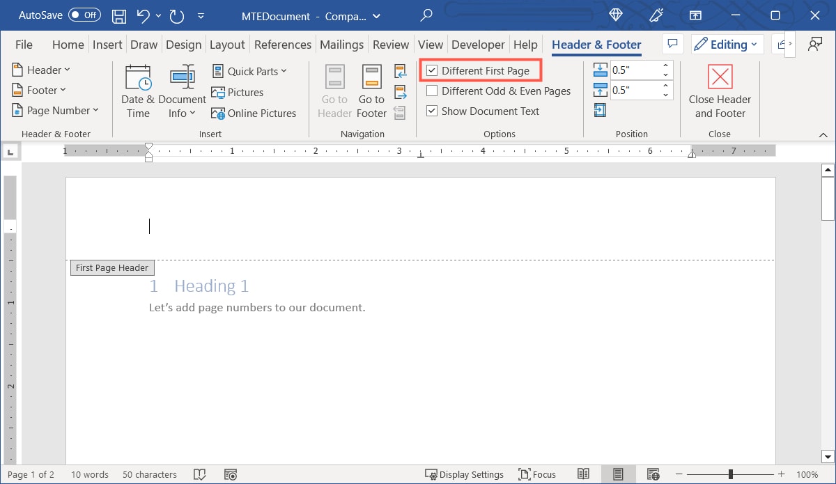 Different First Page checkbox in Word
